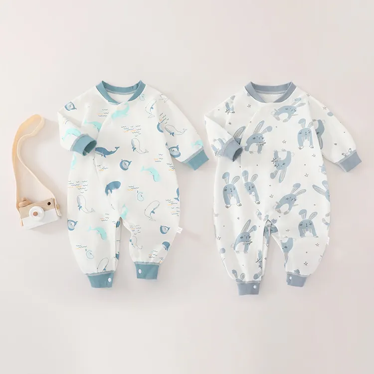 婴儿连体衣春秋款斜开薄款纯棉无骨贴身哈衣男宝女宝卡通透气爬服