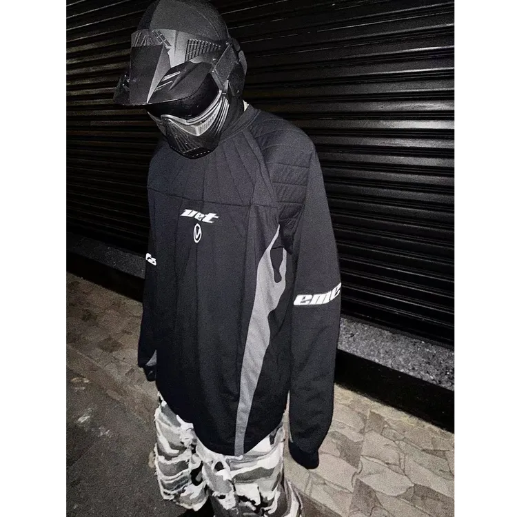 美式VTM秀场款拼接撞色机车垫肩宽松纯棉运动骑行长袖T赛车服卫衣