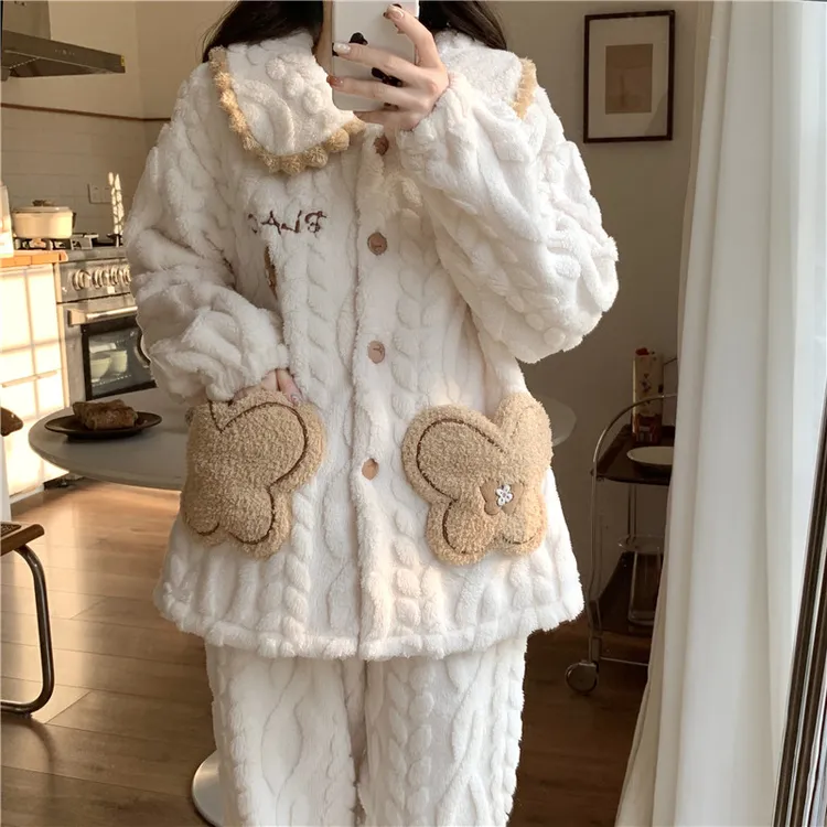 珊瑚绒睡衣女秋冬新款卡通开衫宽松提花绒保暖加厚可爱家居服套装