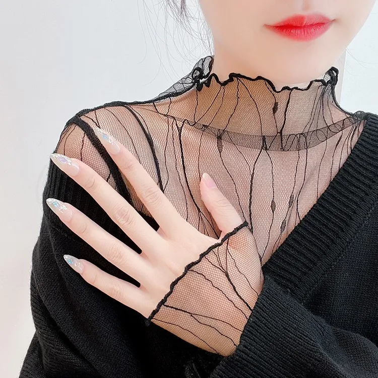 春装2025新款女装半高领打底衫长袖蕾丝网纱内搭网格洋气网纱时尚