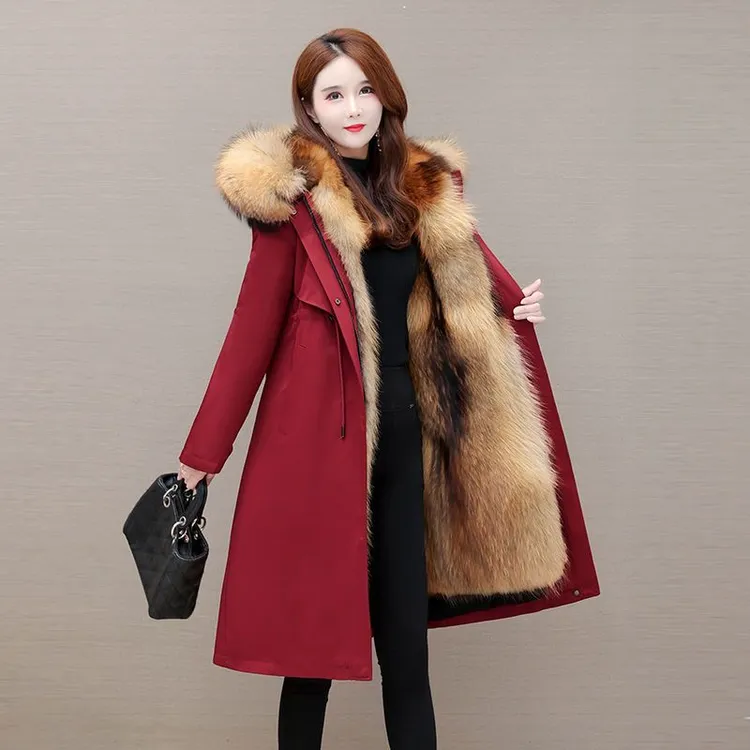 海宁派克服女中长款大衣外套可拆卸内胆加绒加厚保暖连帽冬季棉服