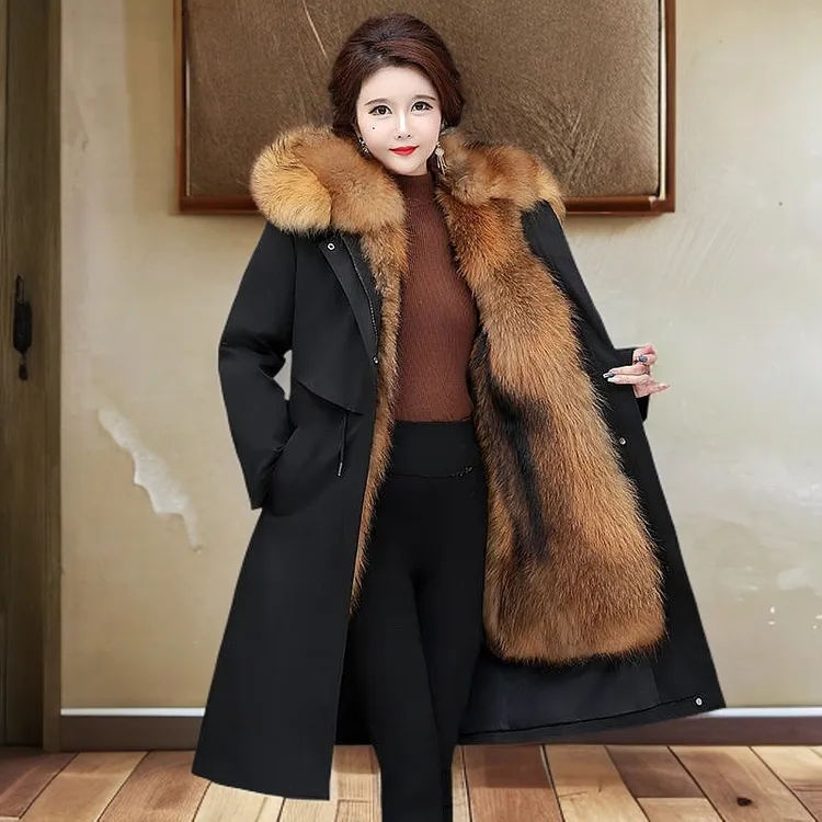 冬季派克服女仿狐狸毛内胆可拆卸皮毛一体大衣加绒加厚皮草外套女