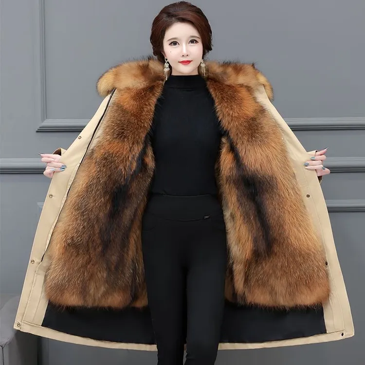 海宁派克服女狐狸毛长款加绒加厚皮毛一体可拆卸内胆冬季保暖外套