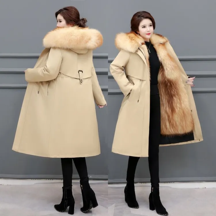 时尚女士派克服长款加绒加厚可拆卸内胆连帽外套大衣冬季保暖棉服