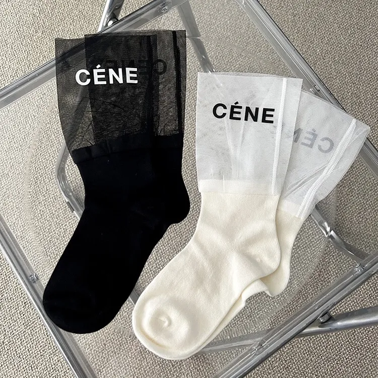 CENE袜子女夏季薄款网纱拼接字母中筒袜网红同款欧货轻奢堆堆袜子