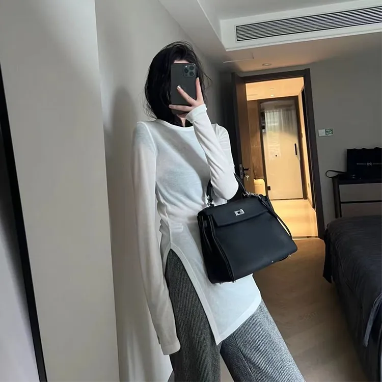 【大梅专属】秋冬长袖打底衫女中长款修身显瘦内搭开叉圆领上衣T恤