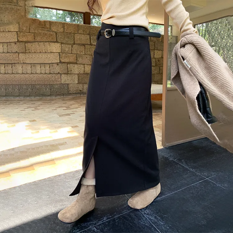 灰色毛呢a字半身裙女秋冬高腰显瘦中长款百搭休闲直筒裙开叉半裙