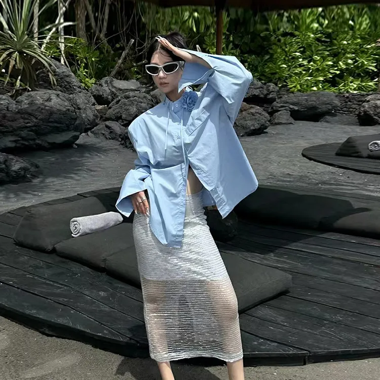 音眸 法式蓝色花朵衬衫女长袖宽松显瘦慵懒风中长款衬衣立体花朵