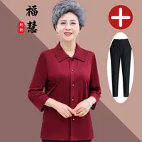 老人老太中国风奶奶装中老年妈妈装春秋老年人喜妈妈衬衫夏季红色