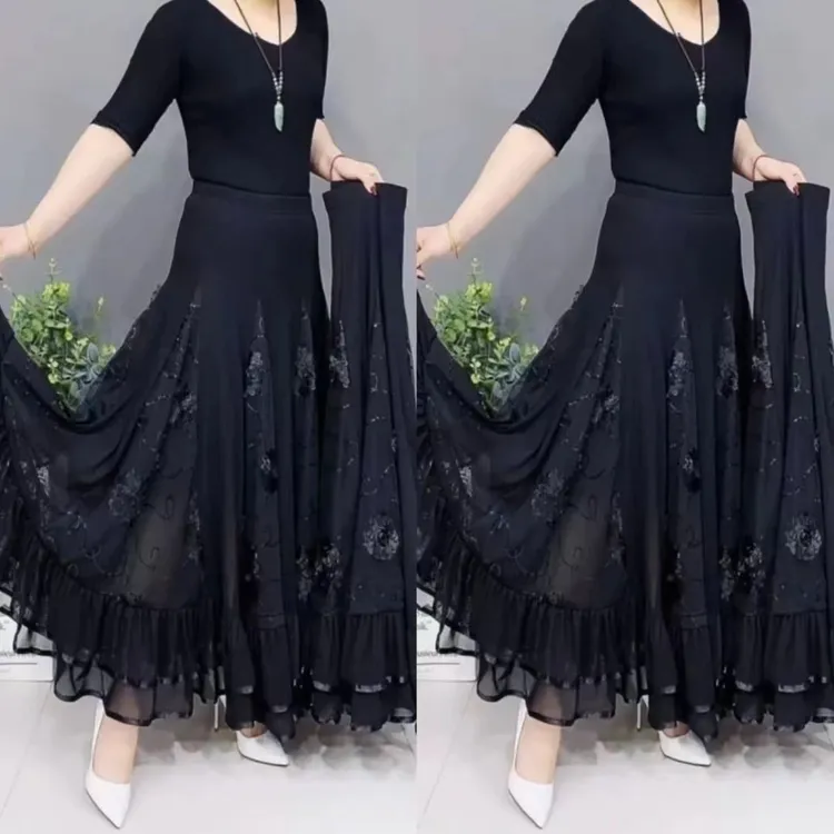 2919四季广场舞半身裙大摆裙摩登舞高腰显瘦百搭春夏妈妈裙松紧腰