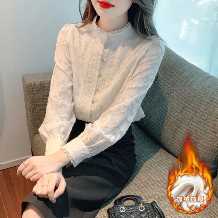 长袖蕾丝长袖内搭女2024秋冬季春秋蕾丝打底衫女加绒打底外穿衬衫
