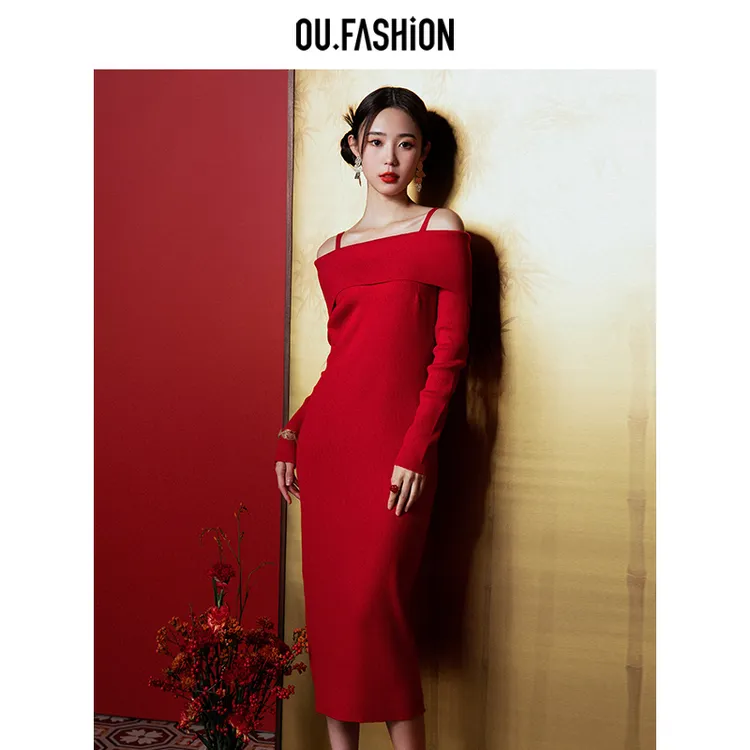 【商场同款】OU.FASHION/欧点法式披肩一字肩针织连衣裙1142310276
