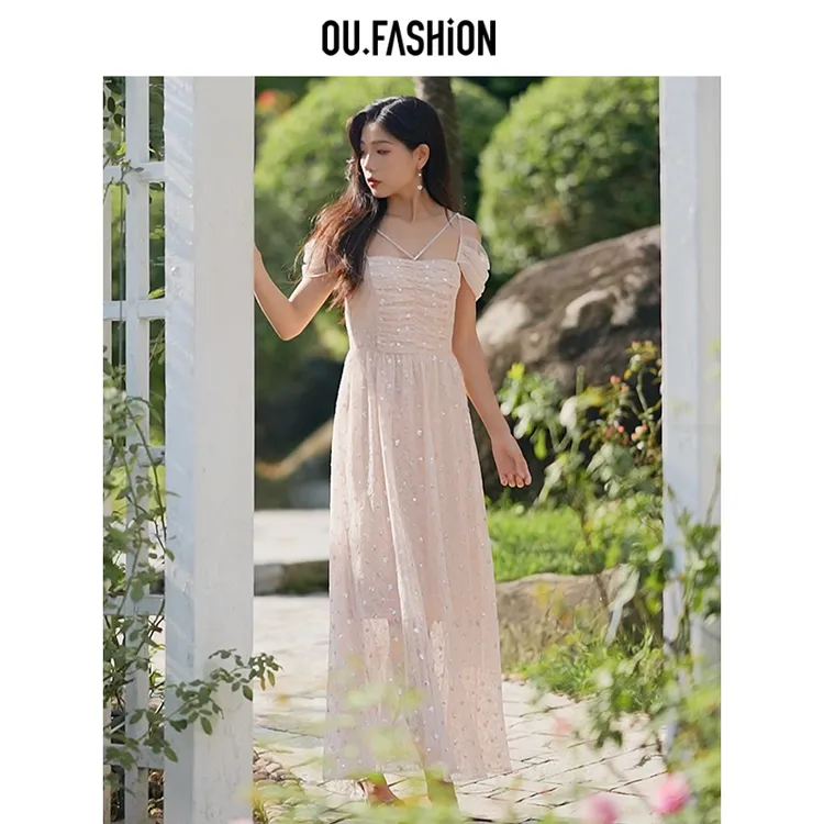 OU.FASHION/欧点浪漫仙气亮片钉珠连衣裙女礼服轻奢6122320304