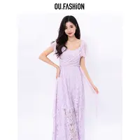 【媛媛】OU.FASHION/欧点飘带设计感收腰气质蕾丝连衣裙6122320235