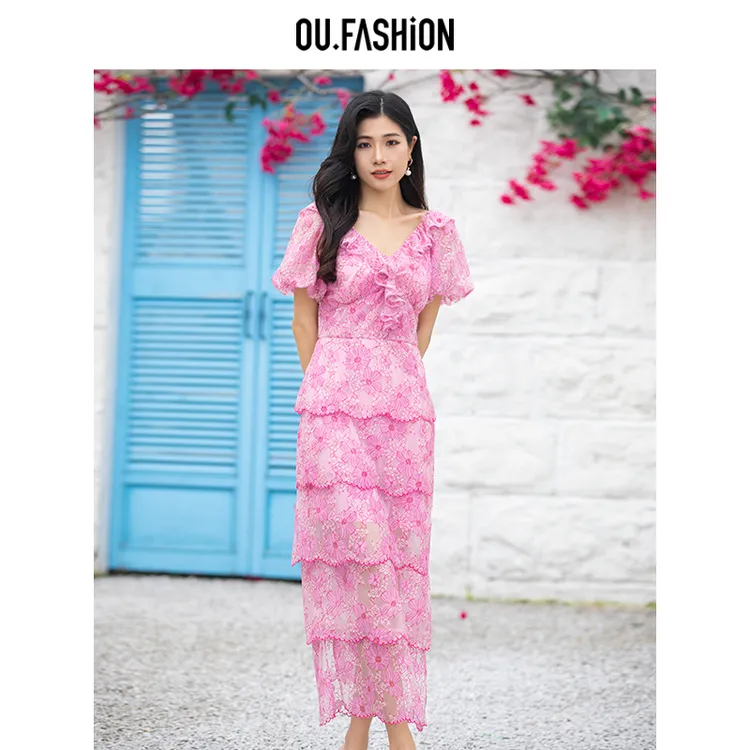 OU.FASHION/欧点高定蕾丝连衣裙女法式泡泡袖中长裙6122420007