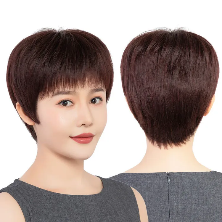 直发假发女短发全头套真人发丝中老年光头逼真妈妈夏天透气自然款