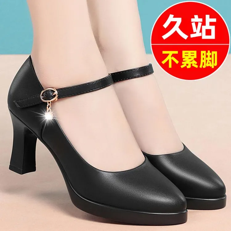 真皮一字扣高跟防水台走秀配旗袍鞋跳舞单鞋中老年妈妈鞋皮鞋女鞋
