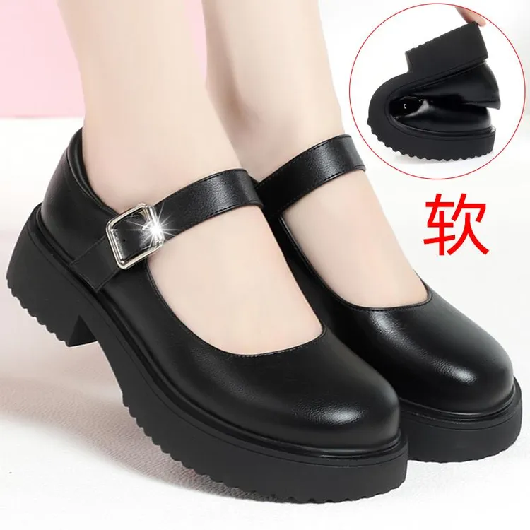 春秋真皮专用防滑软底厚底工作鞋黑色皮鞋鞋鞋子圆头单鞋新款女鞋