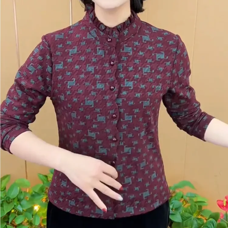 2024秋冬新款时尚印花洋气立领长袖套头显瘦减龄女士上衣K222