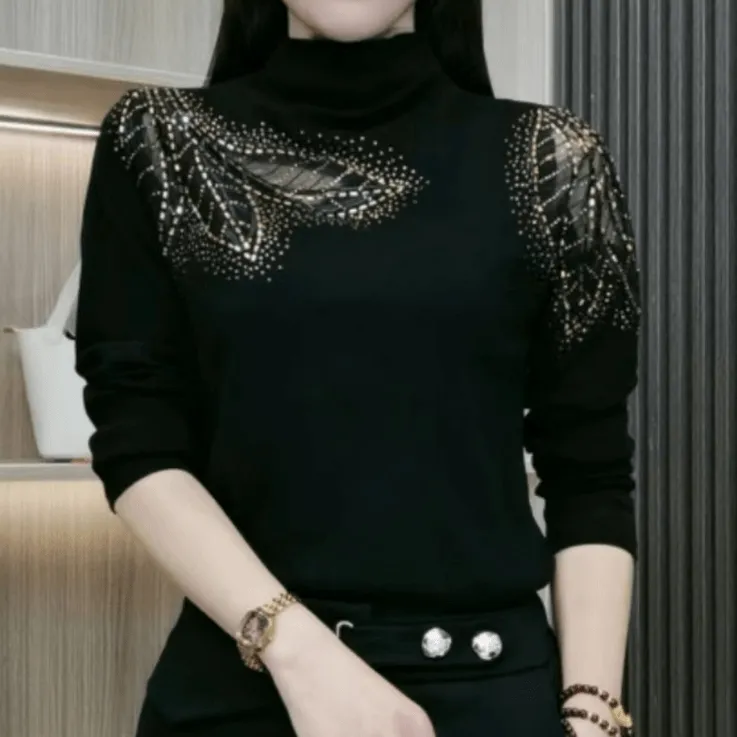 烫钻半高领修身百搭洋气时尚显瘦遮肉聚酯纤维内搭打底衫女士989