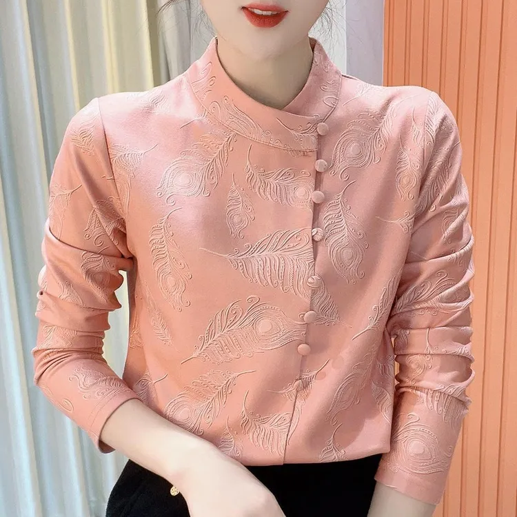 2024冬季新款立领印花气质百搭时尚长袖减龄加绒打底衫上衣女562