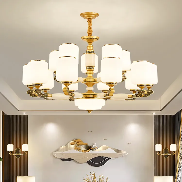 新中式家用吊灯客厅灯真玉石高档大气别墅大厅餐厅2023年新款灯具