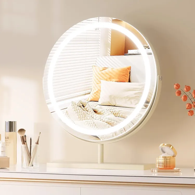 奶油风led化妆镜带灯旋转圆形智能梳妆台镜子卧室家用大号台式镜