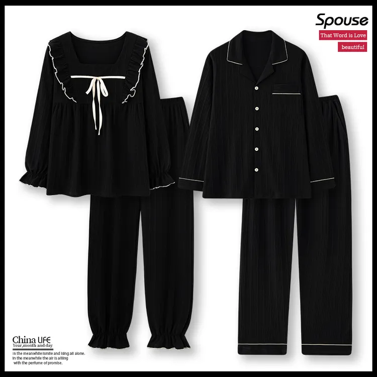 情侣睡衣春秋款纯棉长袖可爱大码一男一女高级感秋冬款睡衣情侣