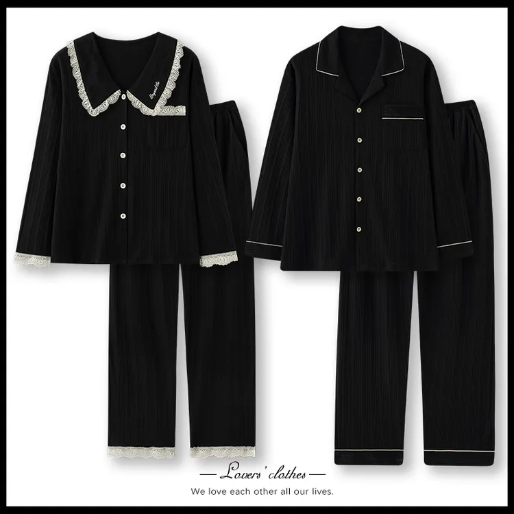 大码情侣睡衣春秋款纯棉长袖黑色甜美秋冬季高级感韩版男士家居服