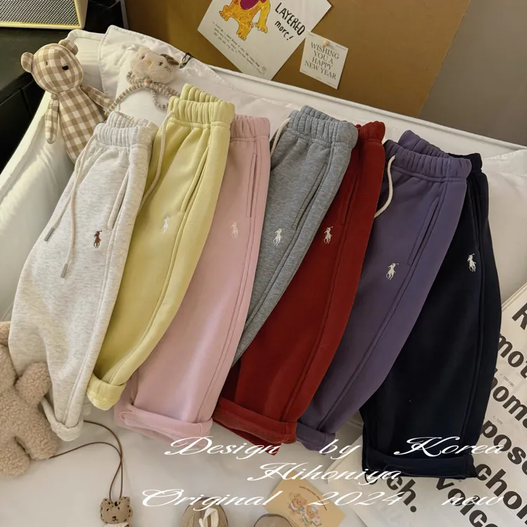 【弯刀神裤加绒版】二Hihoniya~2024冬季亲子纯色抽绳加绒韩版卫裤