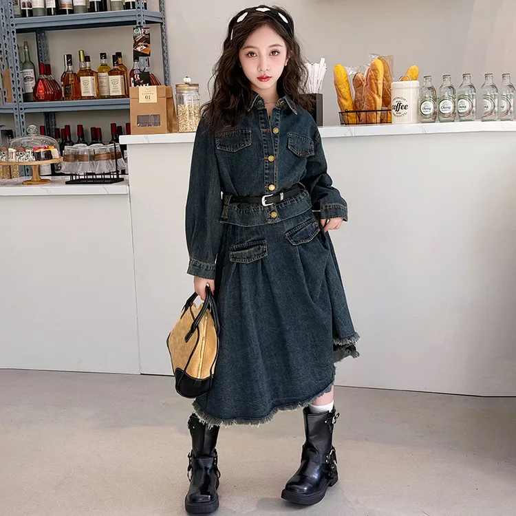女童网红牛仔套装春秋款儿童洋气时髦衣服女大童宽松复古两件套裙