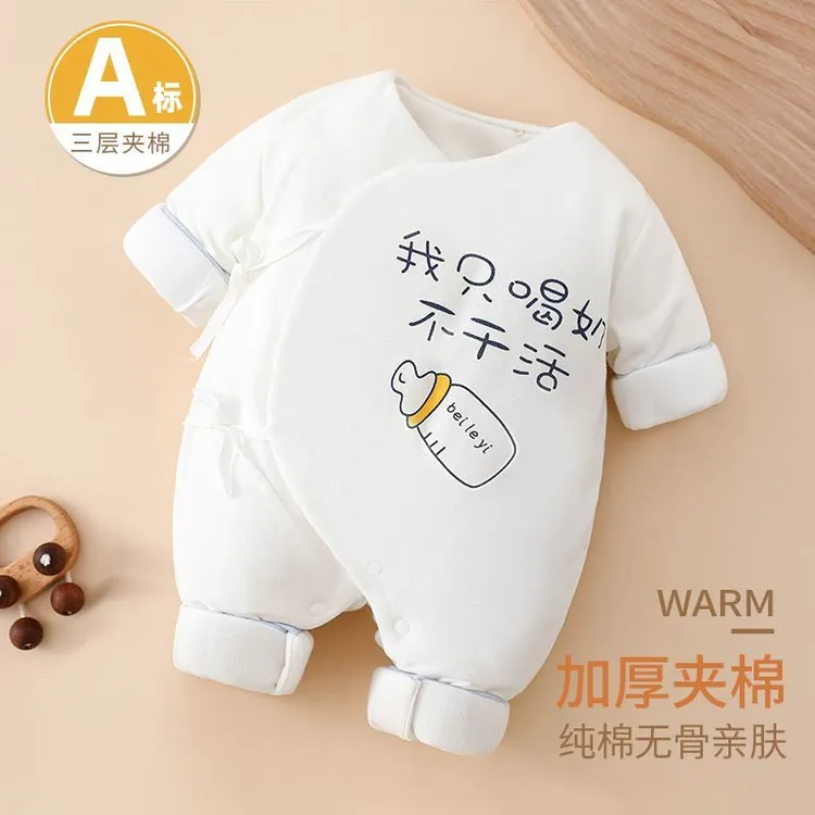 新生儿连体衣纯棉秋冬加棉蝴蝶衣婴儿系带和尚服夹棉保暖连身哈衣