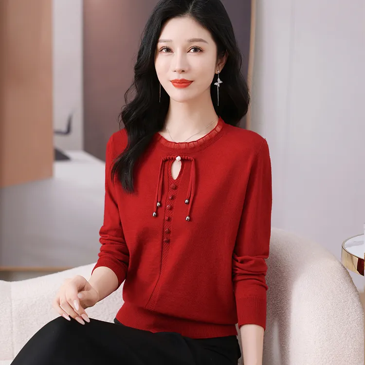 国风式红色毛衣女秋季新款薄款上衣洋气高档针织打底衫洋气妈妈装