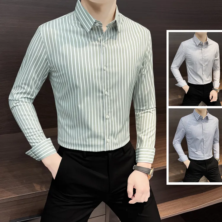 条纹衬衫长袖男士轻奢男装高级感痞帅高贵上档次商务正装刺绣衬衣