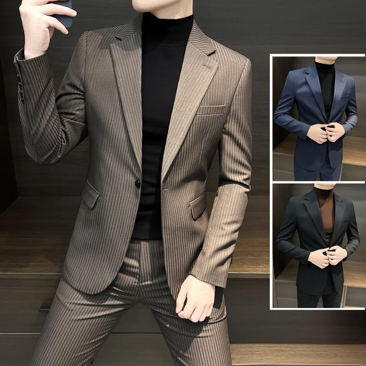 条纹西装外套男款春秋2025炸街潮牌男装痞帅高级感男士休闲小西服