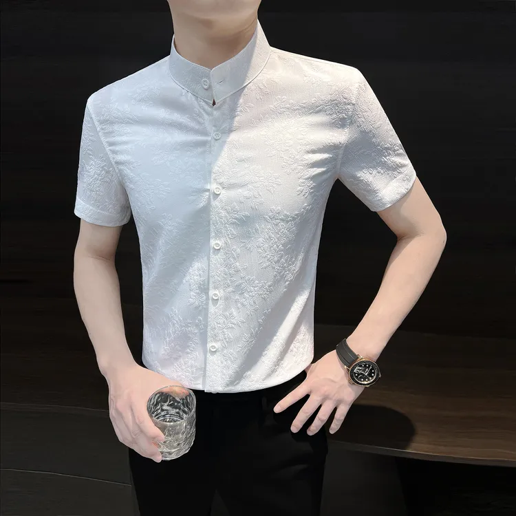 刺绣立领花衬衫男款短袖中国风中山装秋季薄款冰丝帅气男士白衬衣