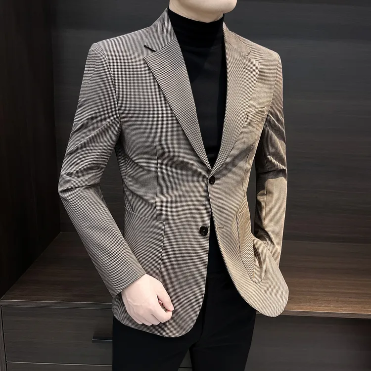 千鸟格休闲西装外套男2025新款爆款潮牌男装秋季修身男士单件西服