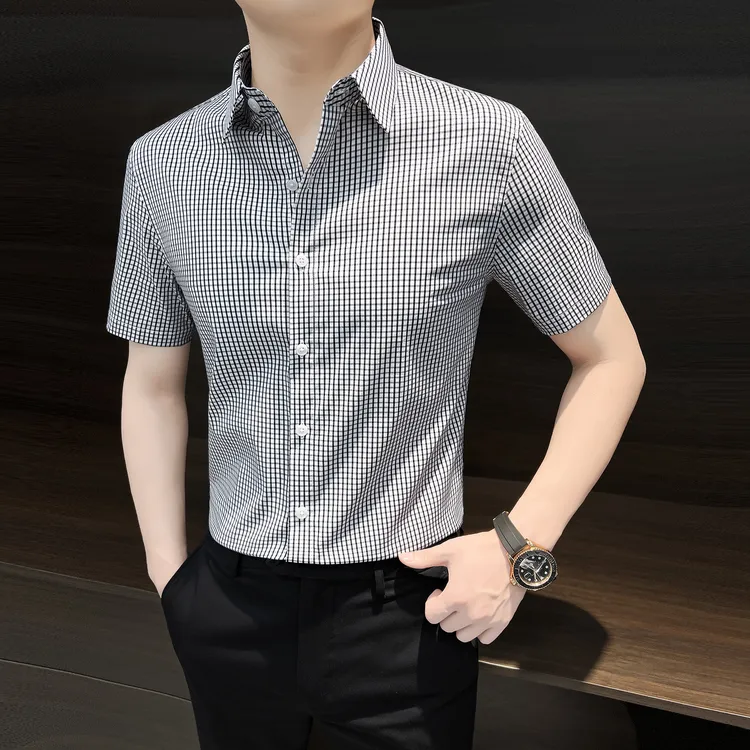 小格子男士短袖衬衫痞帅高级感秋季爆款2025新款商务休闲男款衬衣