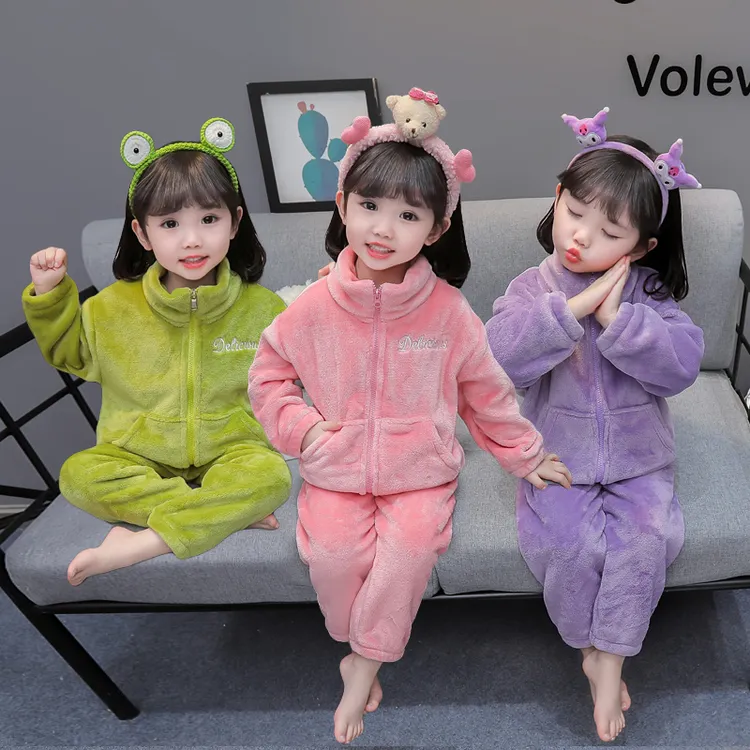 女童法兰绒睡衣女孩宝宝冬天加绒秋款儿童珊瑚绒家居服小童保暖