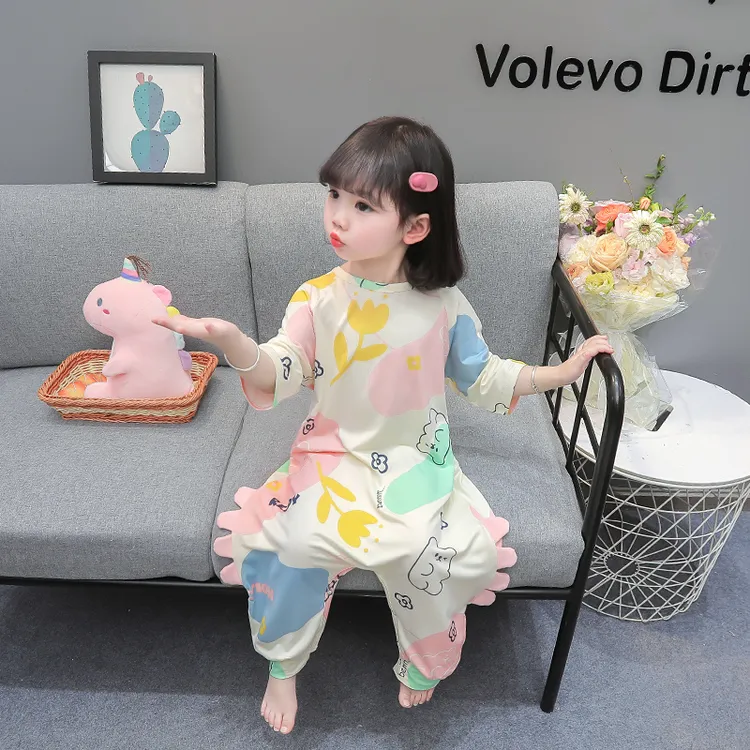 儿童睡袋夏季莫代尔薄款宝宝防着凉爬服女孩家居服女童连体睡衣夏