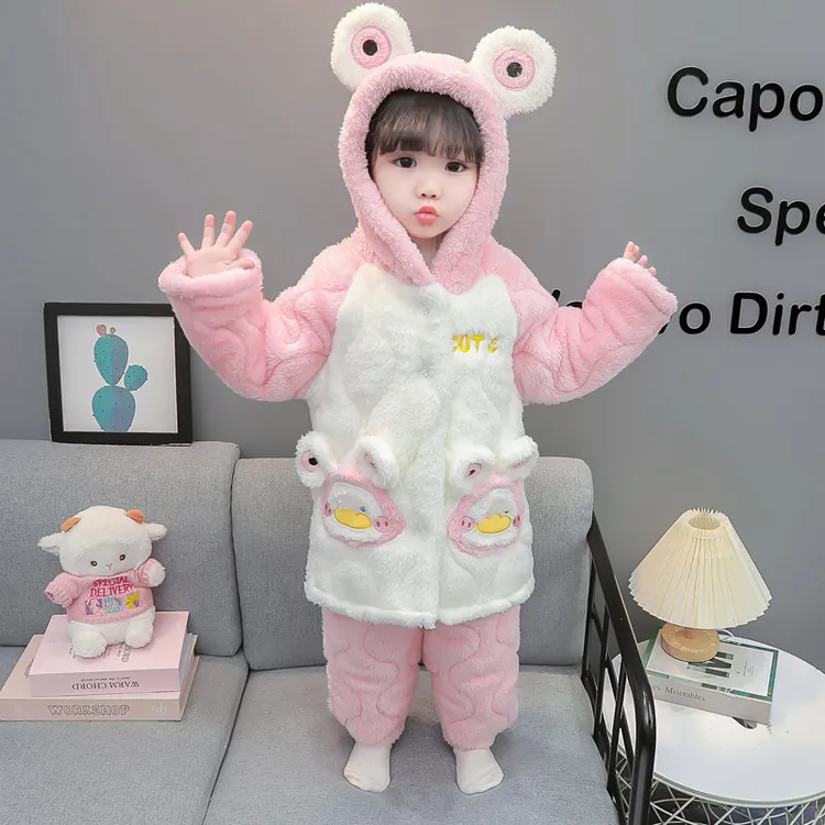 女童冬款珊瑚绒睡衣保暖女宝宝加厚超萌家居服儿童法兰绒分体套装
