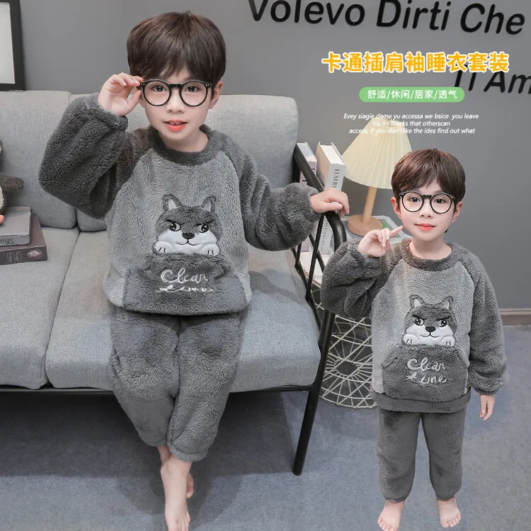 儿童法兰绒保暖睡衣秋冬男童卡通加厚家居服套装男孩宝宝珊瑚绒冬