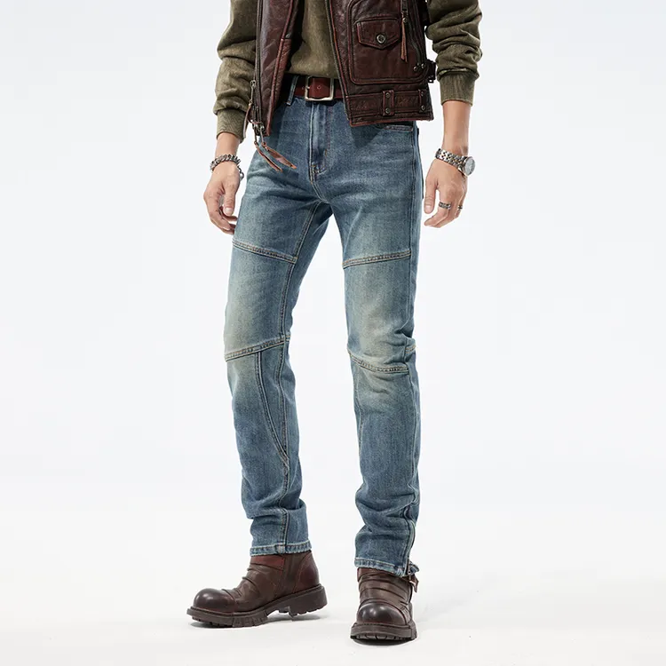 复古时尚机车风拼接牛仔裤男士百搭韩版修身小直筒牛仔休闲裤男