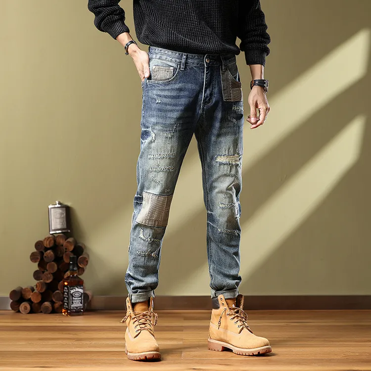 男款修身小脚高档牛仔裤男士时尚百搭牛仔裤美式高街潮流牛仔裤