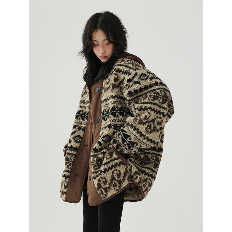 小秋家美式复古拼接腰果花秋冬新款羊羔毛棉衣加厚通勤棉服外套女