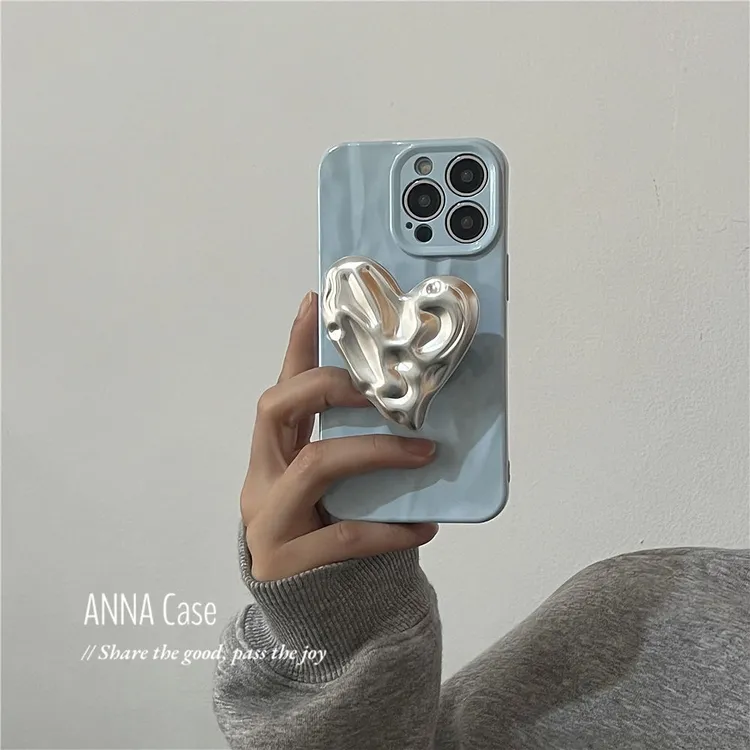 韩国ins立体银爱心支架苹果15promax手机壳iphone14新款12/13女11