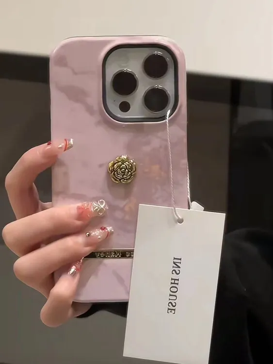 复古粉大理石山茶花适用iPhone15苹果14新款13promax手机壳11小众
