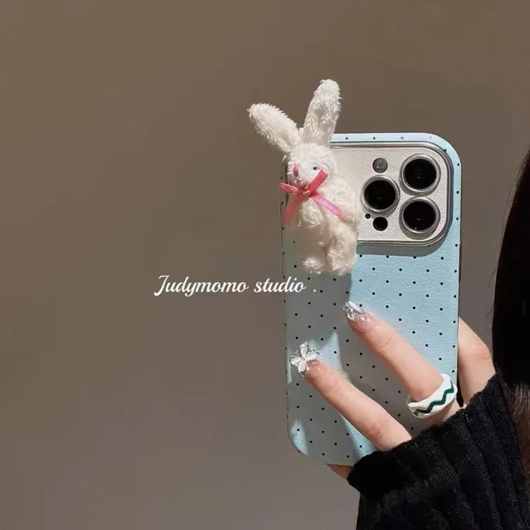 适用于苹果15promaxins手机壳蓝色波点毛绒免14保护套13/12promax