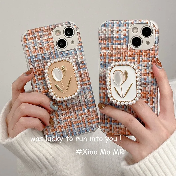 混色编织纹郁金香花支架iPhone14promax苹果13手机壳11/12软XR女X