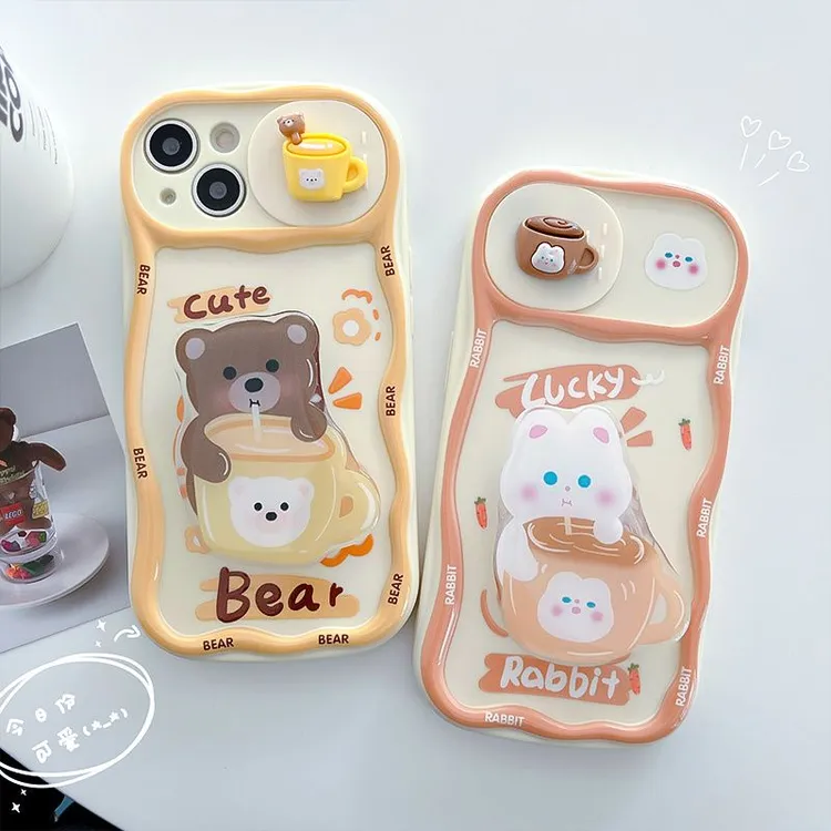 推窗小熊杯子兔iPhone13手机壳苹果14promax支架12Pro防摔11卡通